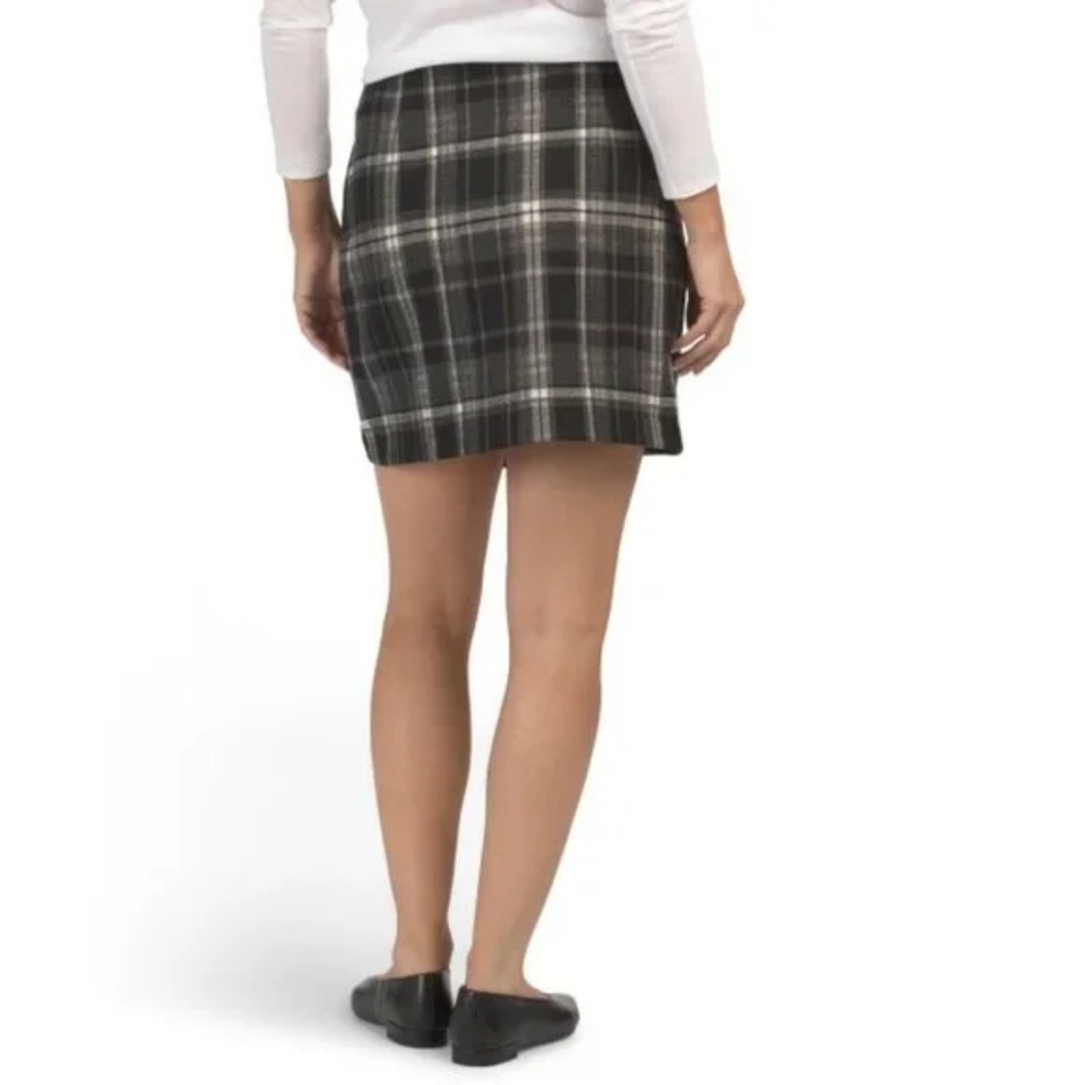 NWOT CATHERINE MALANDRINO Black/Camel Plaid Knit A-line Pull On Mini Skirt - Picture 2 of 9